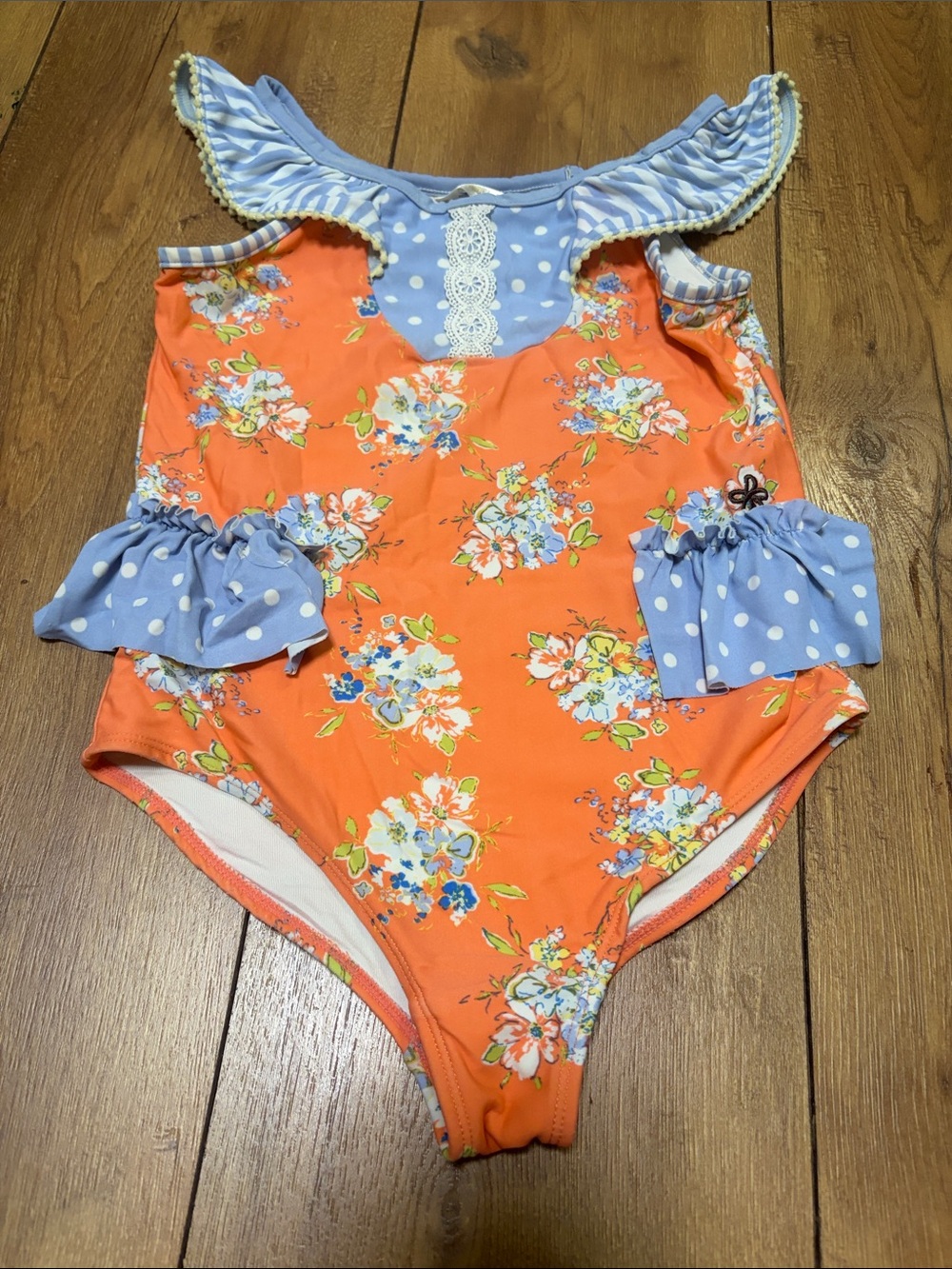 Matilda Jane Orange Floral One-Piece Swimsuit with Blue Polka Dot Ruffles